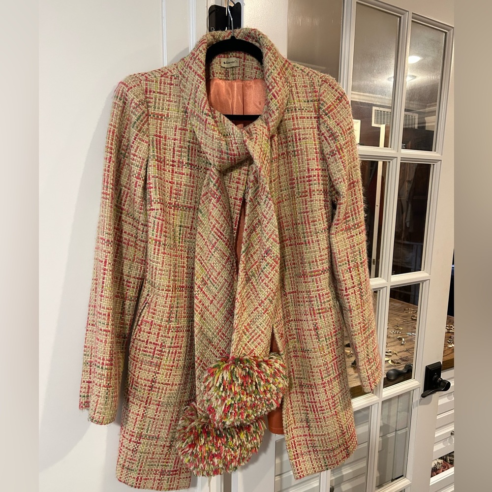 Elevenses Anthropologie tweed Pom Pom scarf coat, size unknown